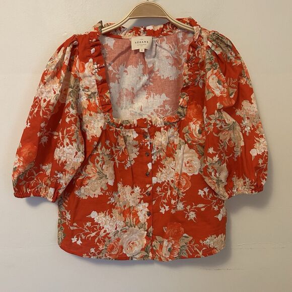 Sezane Kellia Blouse Orange Floral Flowers Linen Puff Sleeve Top 38 US 6 M - Picture 3 of 8